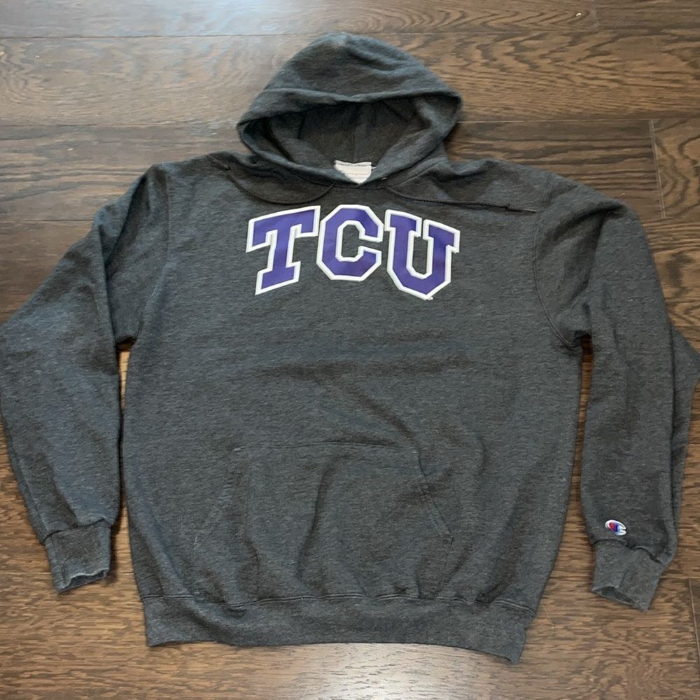 Polyester Gray men’s TCU Horned Frogs hooded hoodie sweatshirt L champion team